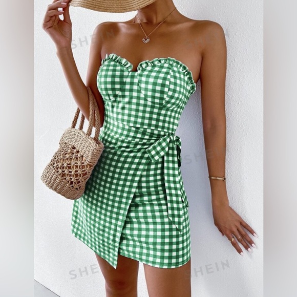 SHEIN- SZ M Green White VCAY Buffalo Plaid Frill Trim Wrap Knot Side Tube Dress - Picture 2 of 7